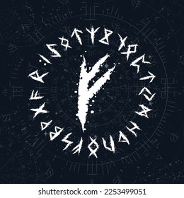Dark blue universe sky background with abstract runic circle symbols and stars. Viking runes and letters white silhouette for travel posters and designs