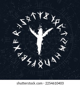 Dark blue universe sky background with abstract runic circle symbols and stars. Wind rose and compass white silhouette for travel posters and designs