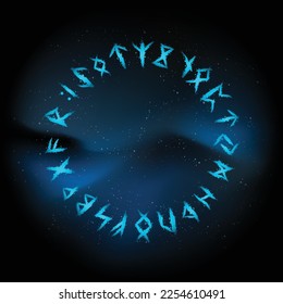 Dark blue universe sky background with abstract runic circle symbols and stars. Viking runes and letters white silhouette for travel posters and designs