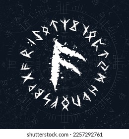 Dark blue universe sky background with abstract runic circle symbols and stars. Wind rose and compass white silhouette for travel posters and designs