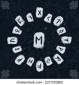 Dark blue universe sky background with abstract runic circle symbols and stars. Wind rose and compass white silhouette for travel posters and designs