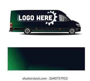 Dark blue van mockup with green geometric pattern and 'Logo Here' placeholder. Ideal for branding and advertising.