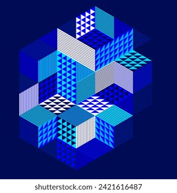 Dark blue vector abstract geometric background with cubes and different rhythmic shapes, isometric 3D abstraction art displaying city buildings forms look like, op art.