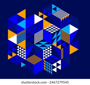 Dark blue vector abstract geometric background with cubes and different rhythmic shapes, isometric 3D abstraction art displaying city buildings forms look like, op art.