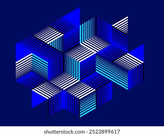 Dark blue vector abstract geometric background with cubes and different rhythmic shapes, isometric 3D abstraction art displaying city buildings forms look like, op art.