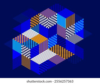 Dark blue vector abstract geometric background with cubes and different rhythmic shapes, isometric 3D abstraction art displaying city buildings forms look like, op art.