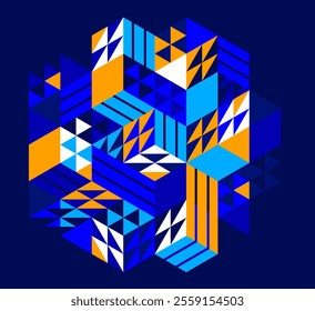 Dark blue vector abstract geometric background with cubes and different rhythmic shapes, isometric 3D abstraction art displaying city buildings forms look like, op art.