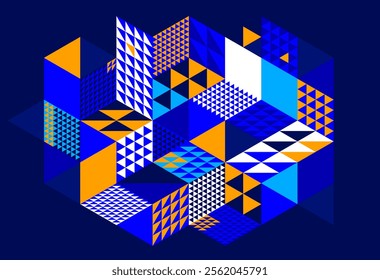 Dark blue vector abstract geometric background with cubes and different rhythmic shapes, isometric 3D abstraction art displaying city buildings forms look like, op art.