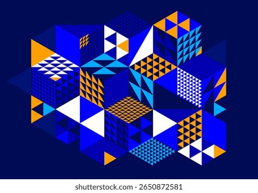 Image vectorielle bleu foncé, arrière-plan géométrique abstrait avec des cubes et différentes formes rythmiques, art abstrait 3D isométrique affichant des formes d'édifices urbains, op art.