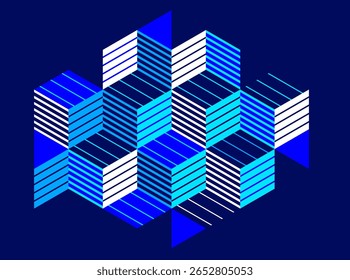 Image vectorielle bleu foncé, arrière-plan géométrique abstrait avec des cubes et différentes formes rythmiques, art abstrait 3D isométrique affichant des formes d'édifices urbains, op art.