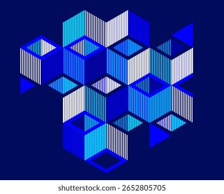 Image vectorielle bleu foncé, arrière-plan géométrique abstrait avec des cubes et différentes formes rythmiques, art abstrait 3D isométrique affichant des formes d'édifices urbains, op art.