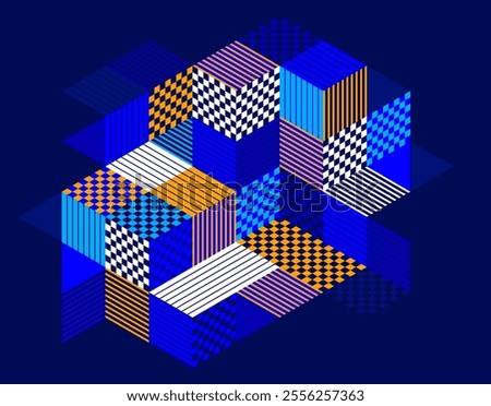 Dark blue vector abstract geometric background with cubes and different rhythmic shapes, isometric 3D abstraction art displaying city buildings forms look like, op art.