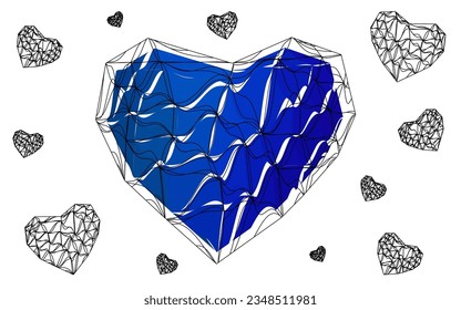 Vector AZUL OSCURO forma abstracta del corazón sobre fondo blanco en concepto de amor para el día de San Valentín con momento dulce y romántico. Diseño poligonal para su negocio.