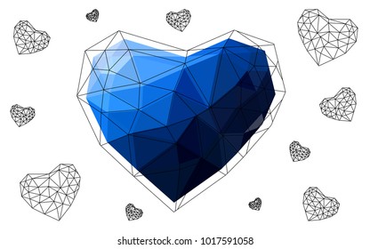 DARK BLUE vector abstract Triangle Geometrical Heart on white polygonal background. Happy Valentine's Day Greeting Card. Stock template for your design.