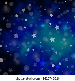 Dark BLUE vector backdrop with circles, stars. Colorful disks, stars on simple gradient background. Pattern for trendy fabric, wallpapers.