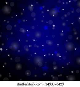 Dark BLUE vector backdrop with circles, stars. Illustration with set of colorful abstract spheres, stars. Design for wallpaper, fabric makers.
