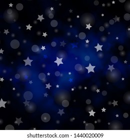 Dark BLUE vector backdrop with circles, stars. Illustration with set of colorful abstract spheres, stars. Pattern for design of fabric, wallpapers.