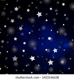 Dark BLUE vector backdrop with circles, stars. Abstract illustration with colorful spots, stars. Design for textile, fabric, wallpapers.