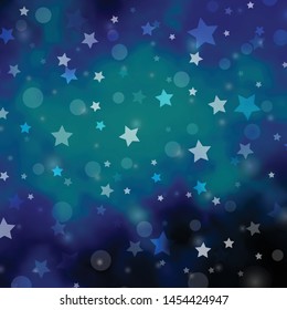 Dark BLUE vector backdrop with circles, stars. Abstract illustration with colorful shapes of circles, stars. Template for business cards, websites.
