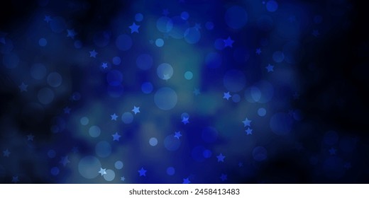 Dark BLUE vector backdrop with circles, stars. Glitter abstract illustration with colorful drops, stars. Pattern for design of fabric, wallpapers.