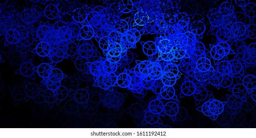 Dark BLUE vector backdrop with mystery symbols. Colorful vintage illustration with gradient alchemy shapes. Best design halloween events.