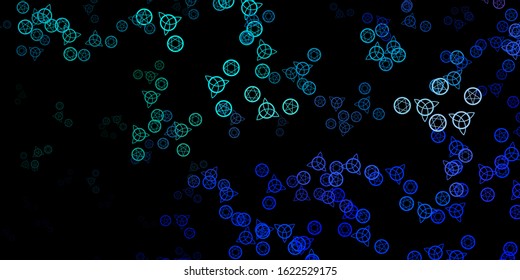 Dark BLUE vector backdrop with mystery symbols. Colorful vintage illustration with gradient alchemy shapes. Best design halloween events.