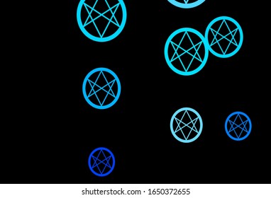 Dark BLUE vector backdrop with mystery symbols. Colorful vintage illustration with gradient alchemy shapes. Simple design for occult depiction.