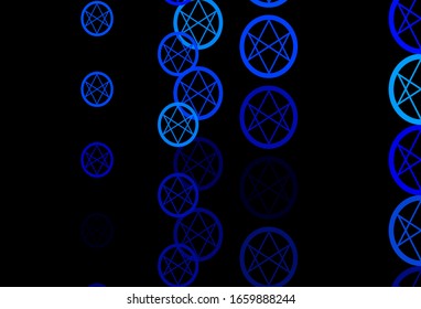 Dark BLUE vector backdrop with mystery symbols. Colorful mystic symbols with a gradient in ancient style. Design for magic, spiritual events.