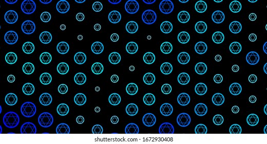Dark BLUE vector backdrop with mystery symbols. Colorful mystic symbols with a gradient in ancient style. Simple base for your occult design.
