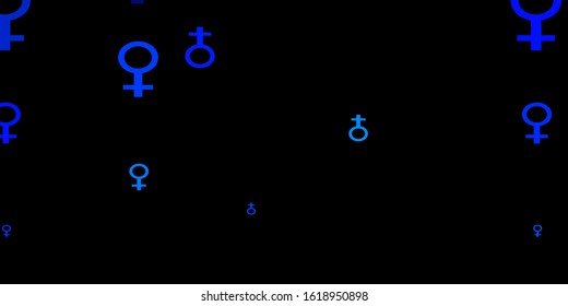 Dark BLUE vector backdrop with woman's power symbols. Colorful illustration with gradient feminism shapes. Best design to show the power of women.