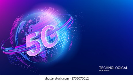 Dark blue vector background. 5G internet. Wi-fi High Speed ​​Wireless Mobile. Modern technology and innovation. Worldwide global information network. Planet Earth. The future of digital communications