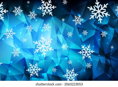 Fondo vector azul oscuro con bellos copos de nieve, estrellas. Ilustración coloreada degradada con nieve al estilo navideño. Parte básica de los folletos de Año Nuevo.