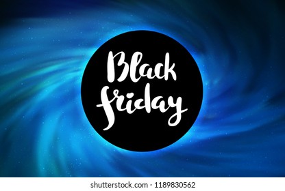 Dark BLUE vector background with a black hole, sky. Abstract illustration with glitter colorful cosmic stars. Backdrop for super sales on Black Friday.