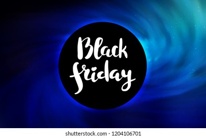 Dark BLUE vector background with a black hole, sky. Abstract illustration with glitter colorful cosmic stars. Backdrop for Black Friday promotions.