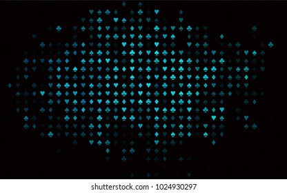 Dark BLUE vector background with cards signs. Illustration with set of hearts, spades, clubs, diamonds. Design for ad, poster, banner of gambling websites.