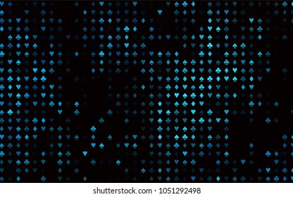 Dark BLUE vector background with cards signs. Colored illustration with hearts, spades, clubs, diamonds. Design for ad, poster, banner of gambling websites.