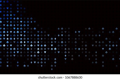 Dark BLUE vector background with cards signs. Colorful gradient with signs of hearts, spades, clubs, diamonds. Template for business cards of casinos.