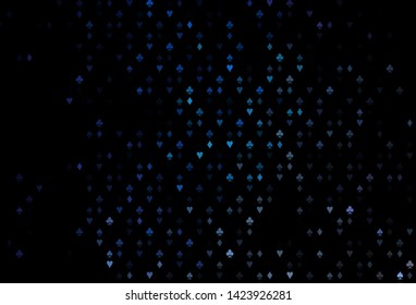 Dark BLUE vector background with cards signs. Illustration with set of hearts, spades, clubs, diamonds. Pattern for ads of parties, events in Vegas.