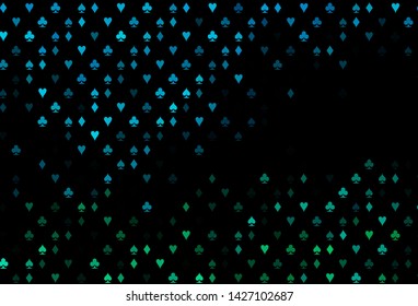 Dark BLUE vector background with cards signs. Colored illustration with hearts, spades, clubs, diamonds. Pattern for booklets, leaflets of gambling houses.