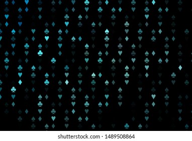 Dark BLUE vector background with cards signs. Colorful gradient with signs of hearts, spades, clubs, diamonds. Template for business cards of casinos.