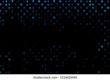 Dark BLUE vector background with cards signs. Colorful gradient with signs of hearts, spades, clubs, diamonds. Template for business cards of casinos.