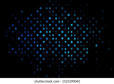Dark BLUE vector background with cards signs. Colored illustration with hearts, spades, clubs, diamonds. Pattern for booklets, leaflets of gambling houses.