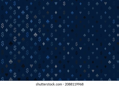 Dark blue vector background with cards signs. Blurred decorative design of hearts, spades, clubs, diamonds. Design for ad, poster, banner of gambling websites.