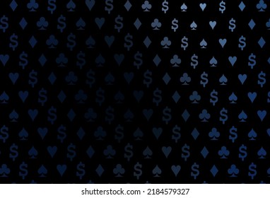 Dark blue vector background with cards signs. Shining illustration with hearts, spades, clubs, diamonds. Pattern for booklets, leaflets of gambling houses.