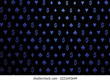 Dark blue vector background with cards signs. Shining illustration with hearts, spades, clubs, diamonds. Design for ad, poster, banner of gambling websites.