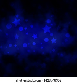 Dark BLUE vector background with circles, stars. Glitter abstract illustration with colorful drops, stars. Design for textile, fabric, wallpapers.