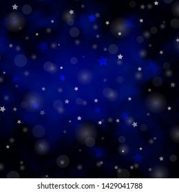 Dark BLUE vector background with circles, stars. Abstract illustration with colorful shapes of circles, stars. Pattern for design of fabric, wallpapers.