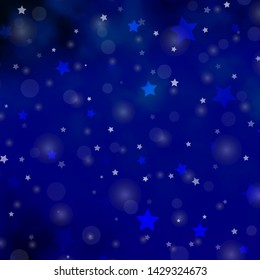 Dark BLUE vector background with circles, stars. Illustration with set of colorful abstract spheres, stars. Pattern for design of fabric, wallpapers.