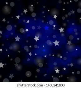 Dark BLUE vector background with circles, stars. Abstract illustration with colorful spots, stars. Pattern for trendy fabric, wallpapers.