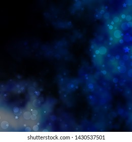 Dark BLUE vector background with circles, stars. Colorful disks, stars on simple gradient background. Pattern for design of fabric, wallpapers.